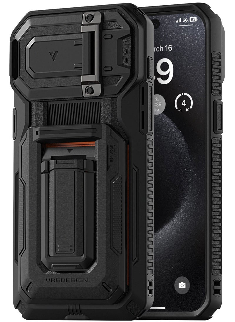 VRS Design D-Wallet Origin iPhone 15 Pro MAX Case Cover Wallet with Semi Automatic Credit Card Holder Slot [3 Cards] & Camera Lens Protector Kickstand - Black  - Image 1