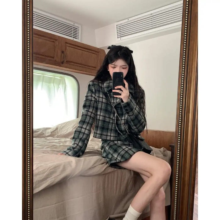 Chic Plaid Thick Jacket Skirt Set 2023 Picture color * H886