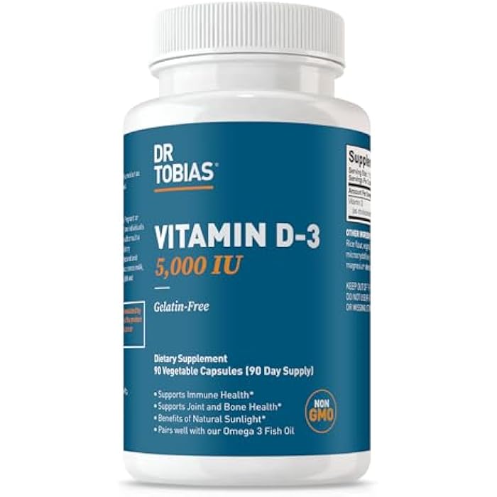 Dr. Tobias Vitamin D3 5000 IU, Essential for Healthy Bones, Teeth, and Immune System, Extra Strength Vitamin D Supplement, Non-GMO, 90 Capsules, 90 Servings - Image 1