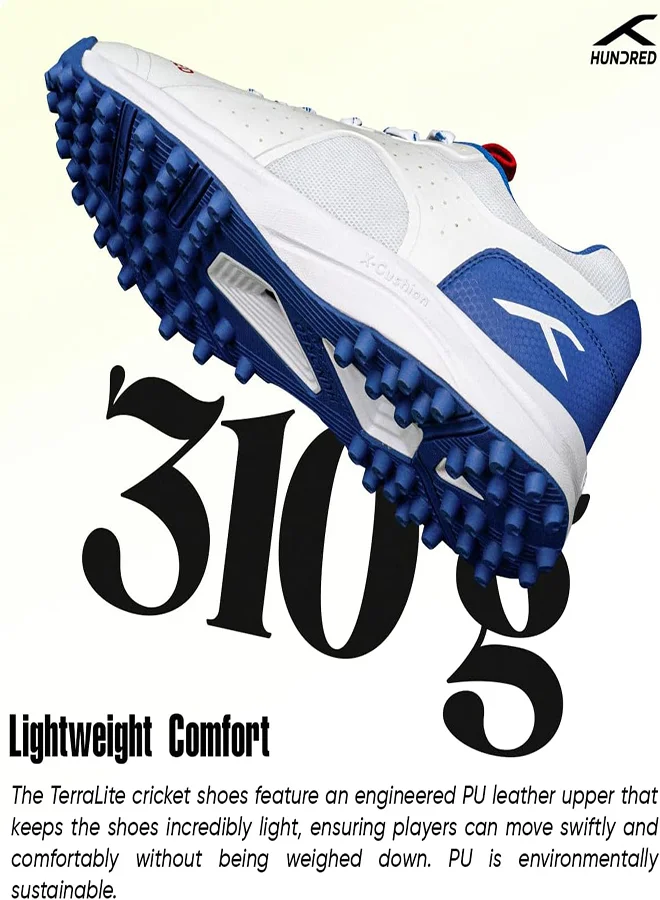 HUNDRED Terralite Cricket Shoes | Terraspike Rubber Studs | Embedded Support Plate For Stability | Lightweight & Durable | Ideal For Turf, Ground & Hard Surfaces (White/Navy Blue/Red ; Uk 3)