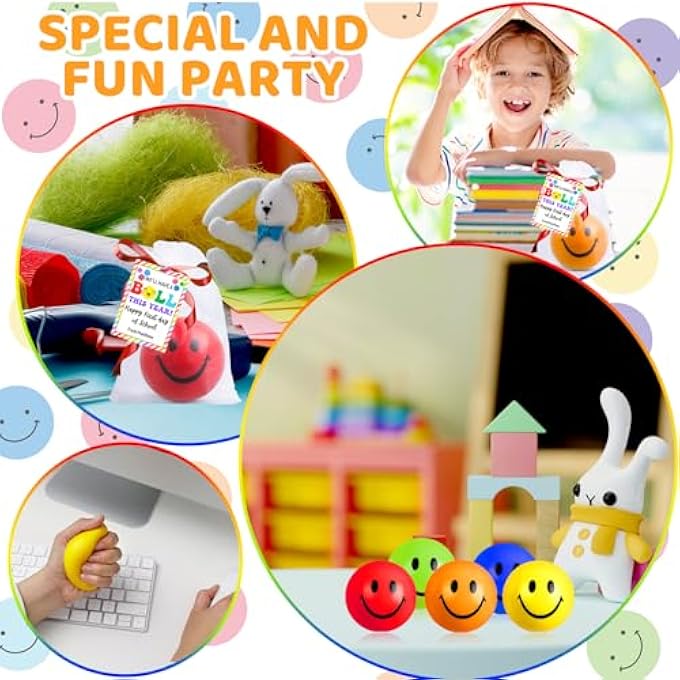 Demonwer 30 Sets Back to School Gifts Colorful Smile Stress Balls with Inspirational Cards Ribbon Organza Bag 2.5 Inch Happy Face Stress Balls Gifts for Back to School Classroom Prize School Supplies - Image 5