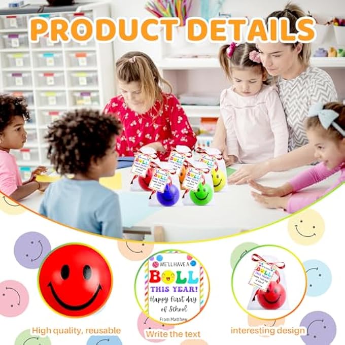 Demonwer 30 Sets Back to School Gifts Colorful Smile Stress Balls with Inspirational Cards Ribbon Organza Bag 2.5 Inch Happy Face Stress Balls Gifts for Back to School Classroom Prize School Supplies - Image 3