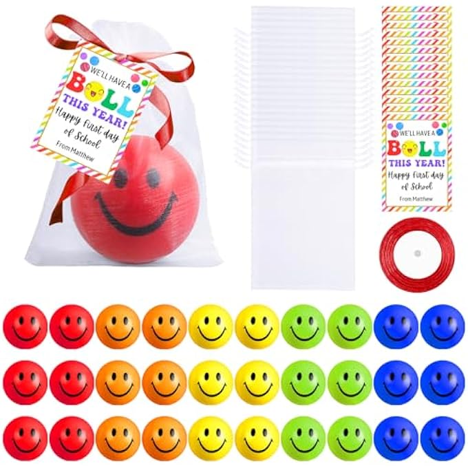 Demonwer 30 Sets Back to School Gifts Colorful Smile Stress Balls with Inspirational Cards Ribbon Organza Bag 2.5 Inch Happy Face Stress Balls Gifts for Back to School Classroom Prize School Supplies - Image 1