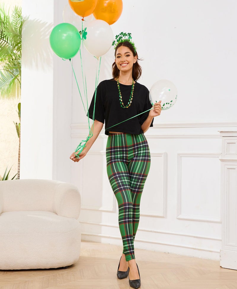 sissycos Women's St. Patrick's Day Checkered Plaid Printed Leggings Buttery Soft Stretchy Pants (Small-Large, Green Check) - Image 3