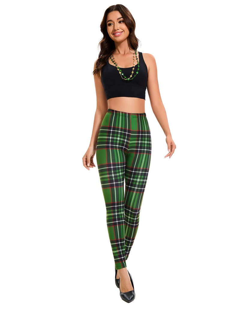 sissycos Women's St. Patrick's Day Checkered Plaid Printed Leggings Buttery Soft Stretchy Pants (Small-Large, Green Check) - Image 4