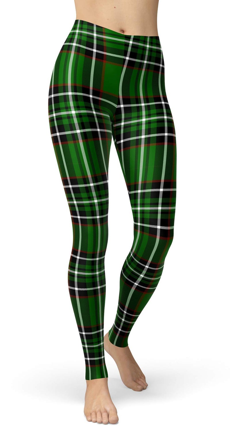 sissycos Women's St. Patrick's Day Checkered Plaid Printed Leggings Buttery Soft Stretchy Pants (Small-Large, Green Check) - Image 1