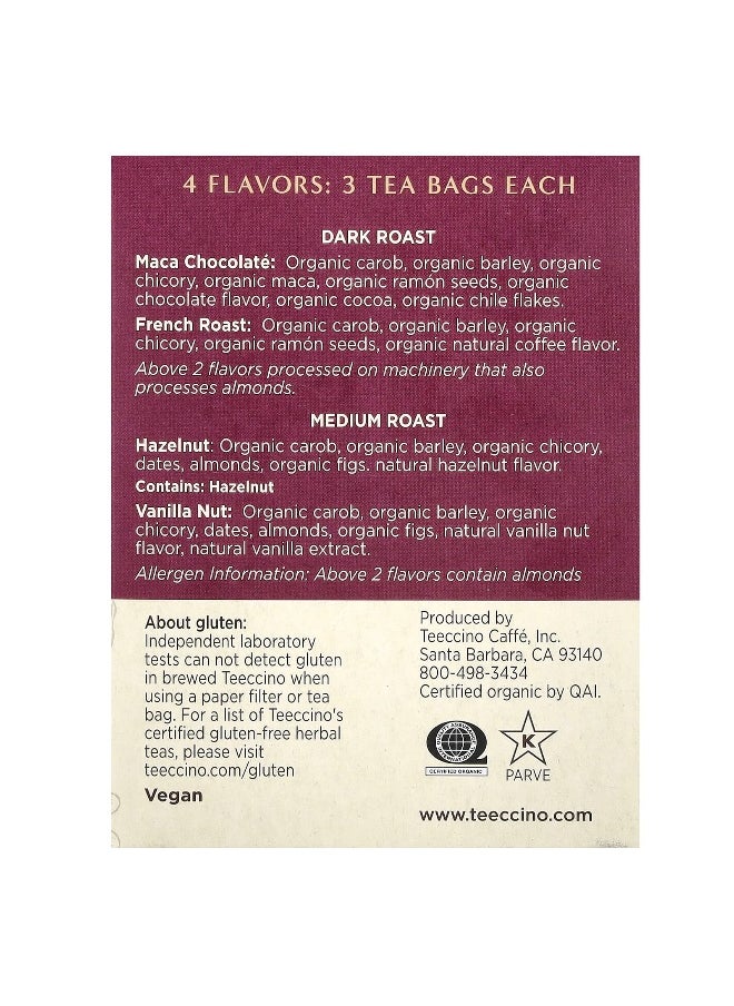 teeccino - Teeccino, Roasted Herbal Tea Sampler, 4 Flavors, Caffeine Free, 12 Tea Bags, 2.54 oz (72 g) - Image 1