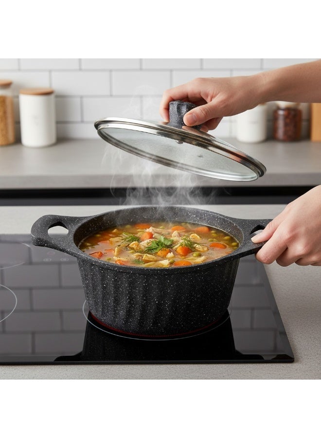 B&D Aluminum Marble Coated Non Stick Casserole Pot 20cm with Glass Lid, Black Speckled Finish, Durable Cookware, Double Handle Design, Even Heat Distribution, Easy Clean Surface - Image 4