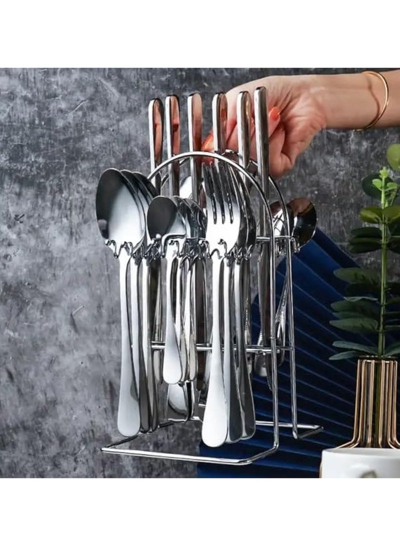 بريتيش شيف 24 قطعة من أدوات المائدة/أدوات المائدة المصنوعة من الفولاذ المقاوم للصدأ مع حامل | مجموعة أدوات المائدة المصقولة بالمرآة | طقم أدوات مائدة مكون من 6 ملاعق / 6 ملاعق شاي / 6 سكين / 6 شوكة | BC320 فضي 23x14x12 سم - Image 2