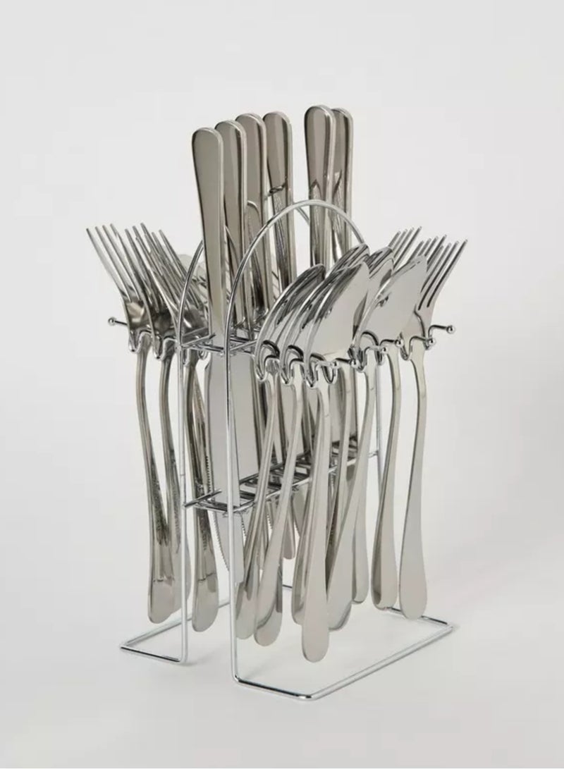 بريتيش شيف 24 قطعة من أدوات المائدة/أدوات المائدة المصنوعة من الفولاذ المقاوم للصدأ مع حامل | مجموعة أدوات المائدة المصقولة بالمرآة | طقم أدوات مائدة مكون من 6 ملاعق / 6 ملاعق شاي / 6 سكين / 6 شوكة | BC320 فضي 23x14x12 سم - Image 1