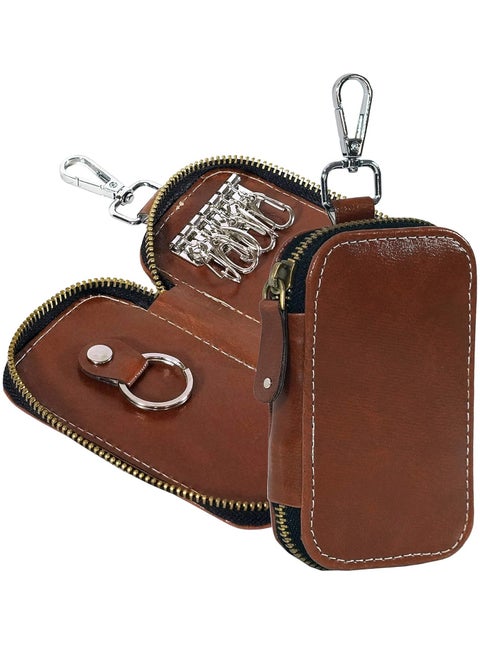 PU Leather Key Case Pouch Wallet Keychain Key Holder with 6 Hooks Zipper Closure