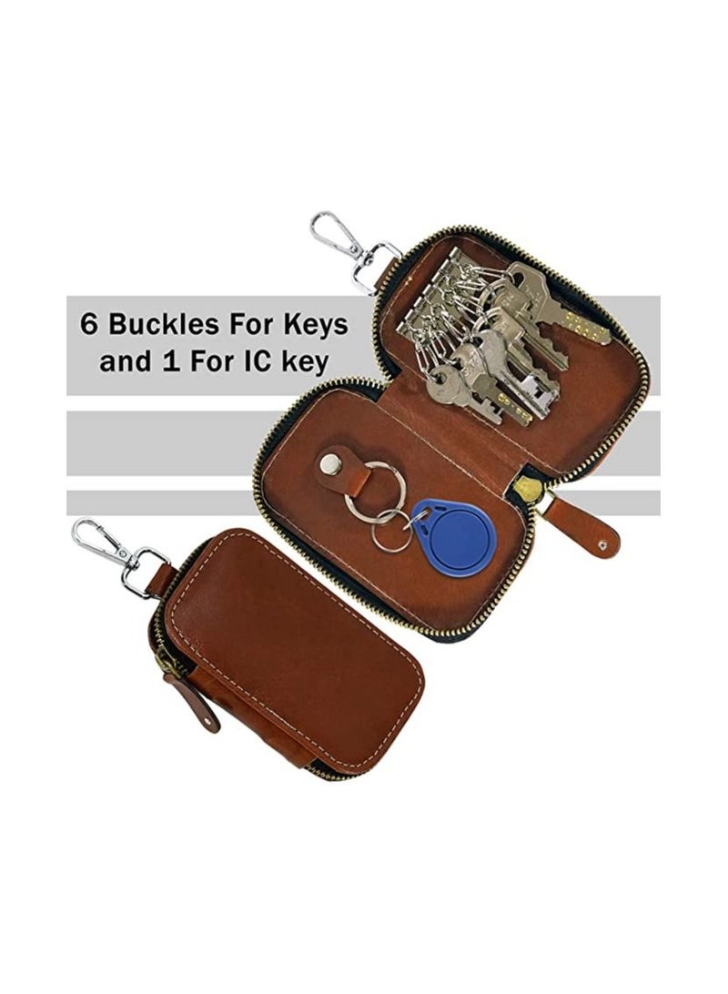 PU Leather Key Case Pouch Wallet Keychain Key Holder with 6 Hooks Zipper Closure