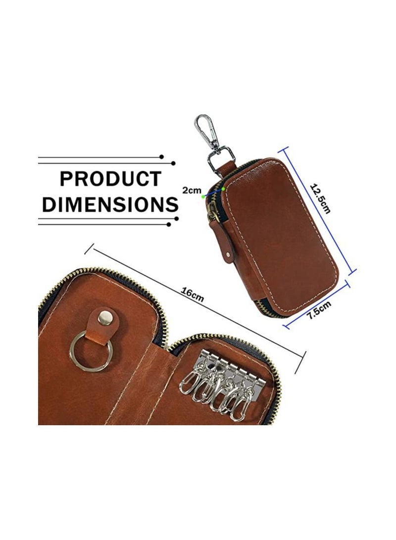 PU Leather Key Case Pouch Wallet Keychain Key Holder with 6 Hooks Zipper Closure