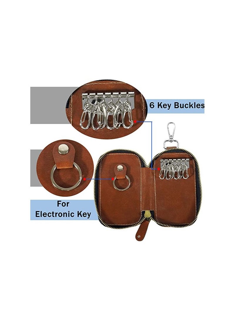 PU Leather Key Case Pouch Wallet Keychain Key Holder with 6 Hooks Zipper Closure