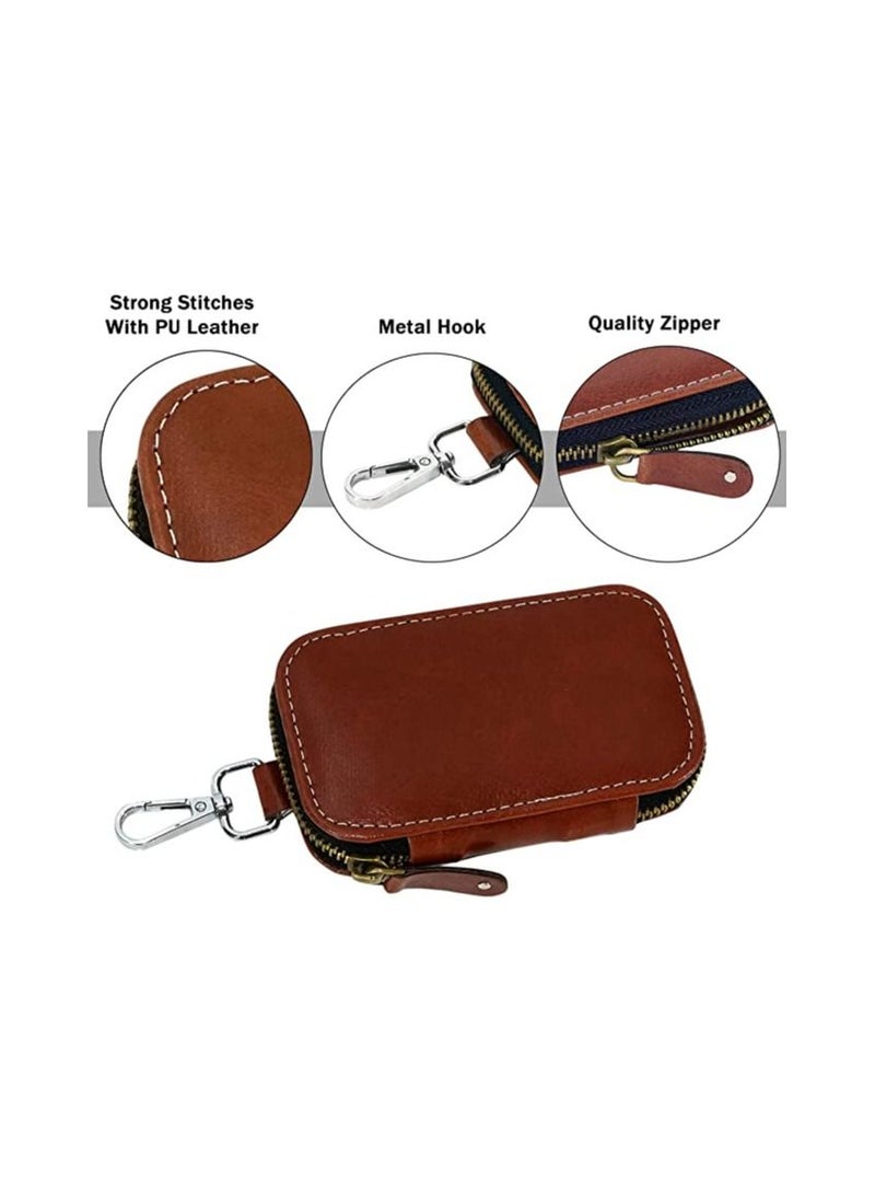 PU Leather Key Case Pouch Wallet Keychain Key Holder with 6 Hooks Zipper Closure