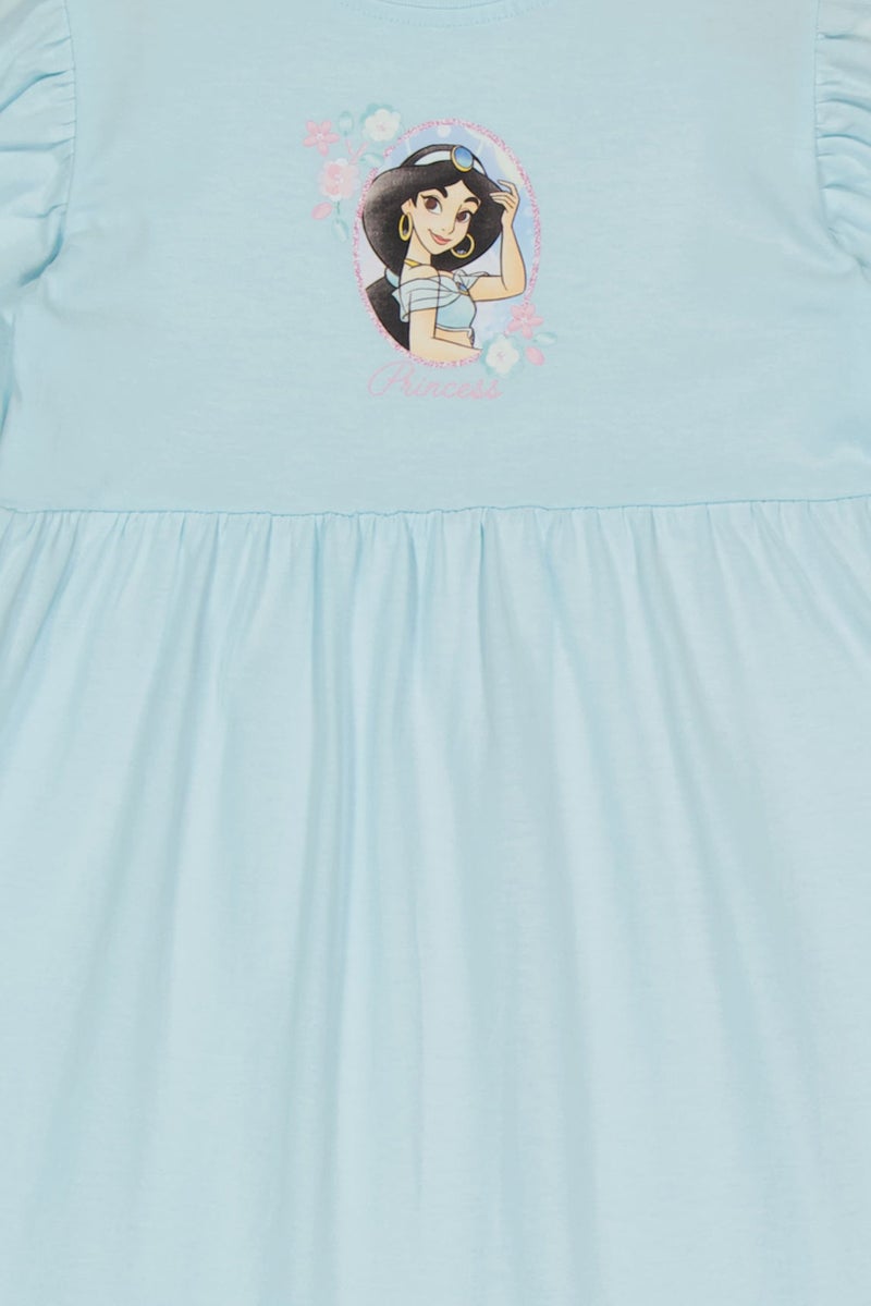 Disney Princess Toddlers Girl Graphic Print Flutter Sleeve Dress, Light Blue - Image 2