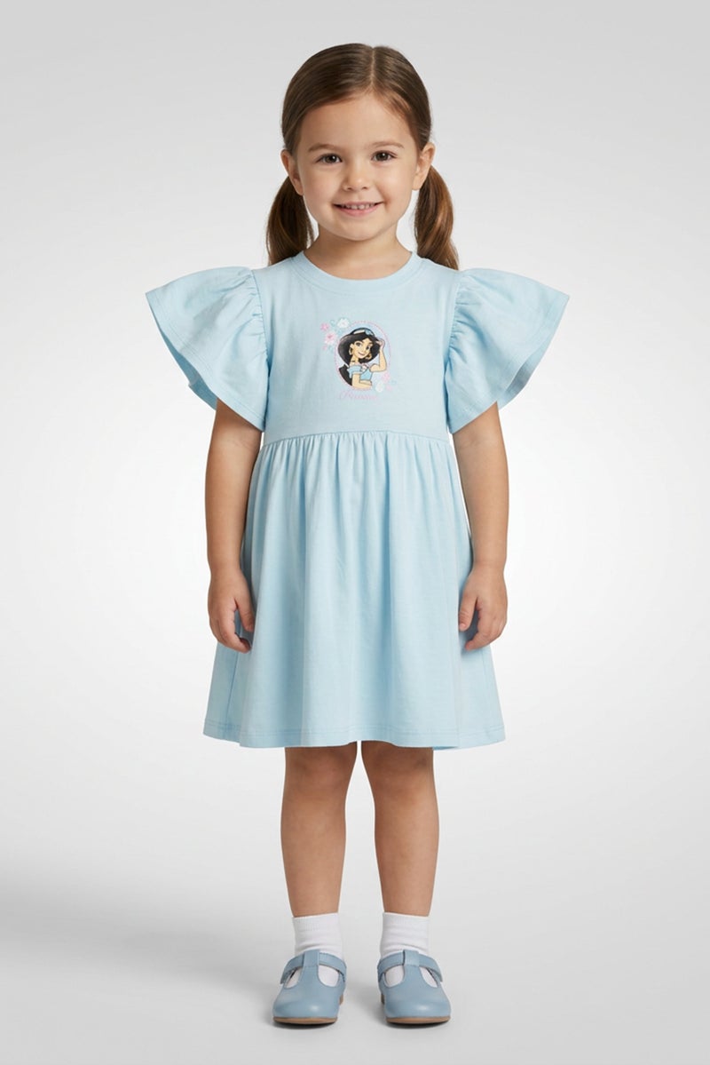 Disney Princess Toddlers Girl Graphic Print Flutter Sleeve Dress, Light Blue - Image 1