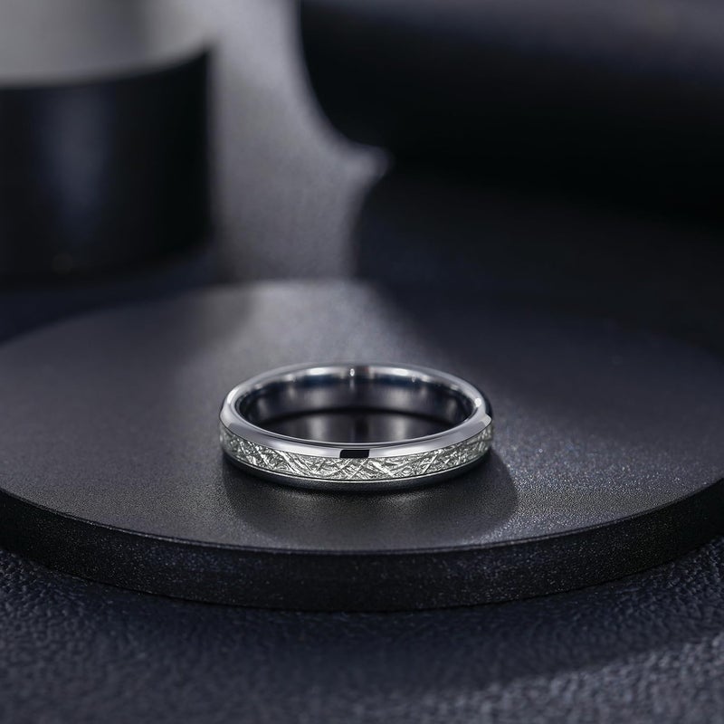 Greenpod 4mm Tungsten Rings for Women Men Silver Dome Polished Meteorite Inlay Ring Wedding Bands for Him Size 7 - Image 3