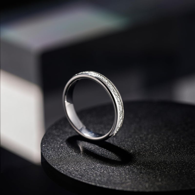 Greenpod 4mm Tungsten Rings for Women Men Silver Dome Polished Meteorite Inlay Ring Wedding Bands for Him Size 7 - Image 2