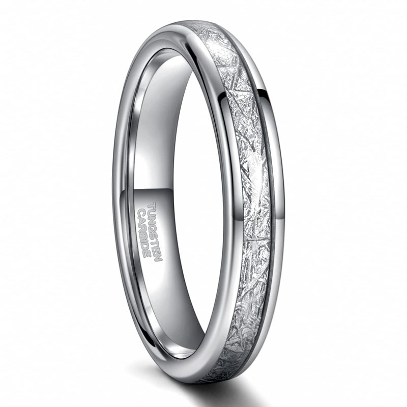 Greenpod 4mm Tungsten Rings for Women Men Silver Dome Polished Meteorite Inlay Ring Wedding Bands for Him Size 7 - Image 1