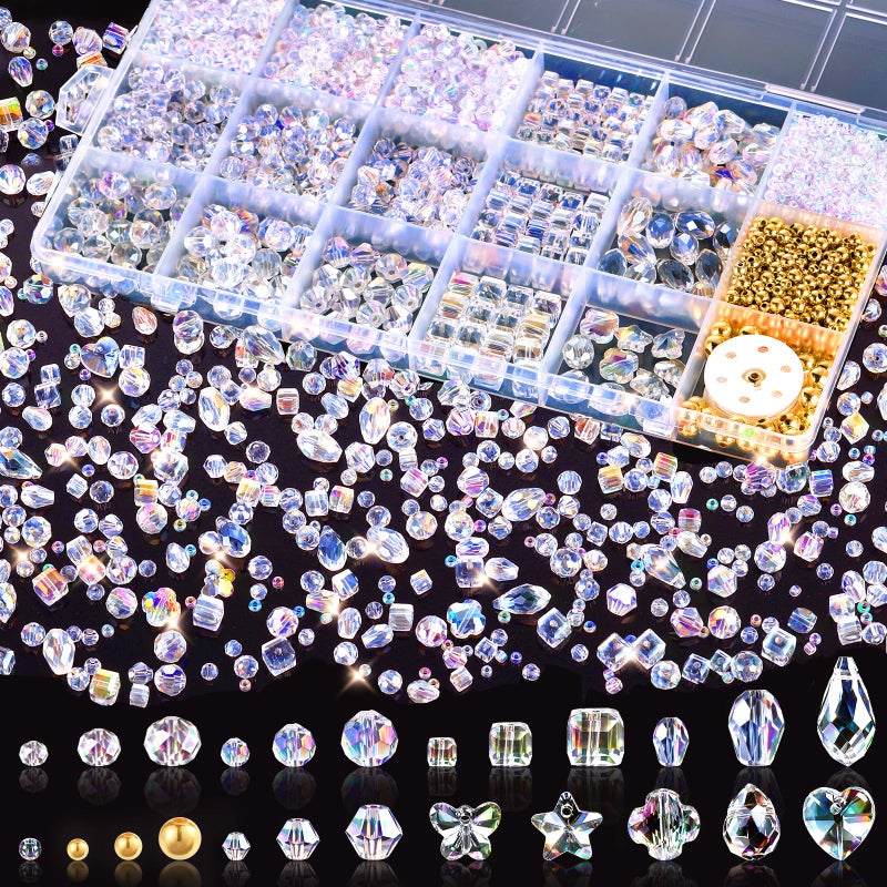 Zefy 2000+ Pcs Crystal Glass Beads for Jewelry Making, 24 Styles 3-15mm Assorted Faceted Craft Bead Kit for DIY Bracelet Necklace Earring Suncatcher (Clear AB Color) - Image 1