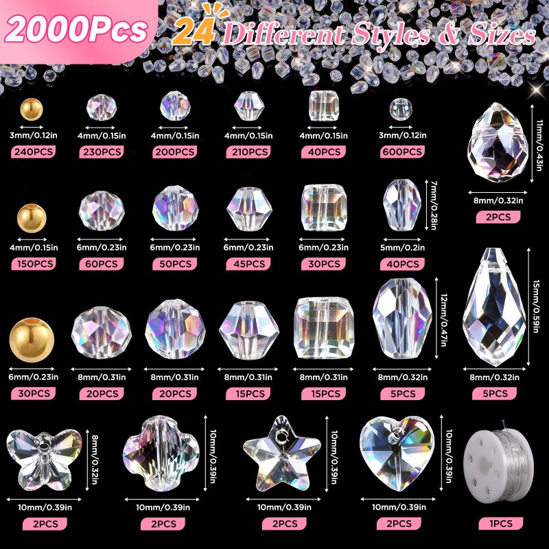 Zefy 2000+ Pcs Crystal Glass Beads for Jewelry Making, 24 Styles 3-15mm Assorted Faceted Craft Bead Kit for DIY Bracelet Necklace Earring Suncatcher (Clear AB Color) - Image 2