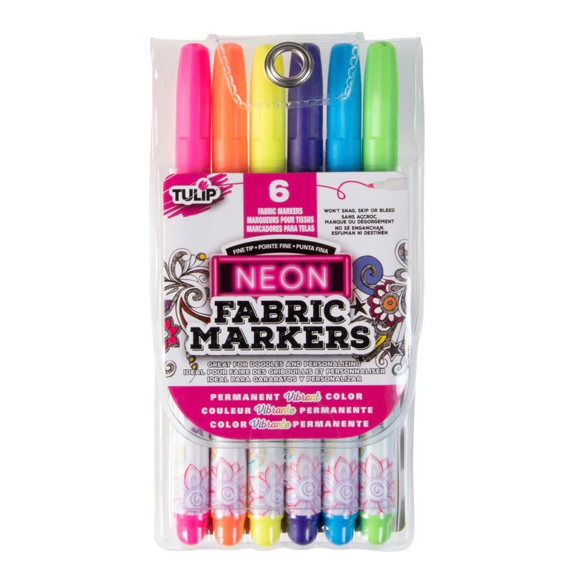 Tulip Permanent Nontoxic Fabric Markers Neon 6 Pack Large Bullet Tip Child Safe Minimal Bleed Fast Drying Premium Quality for Tshirts Clothes Shoes Bags Other Fabric Materials
