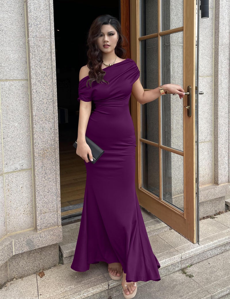 YMDUCH Women's Elegant Sleeveless Off Shoulder Bodycon Long Formal Party Evening Dress Purple - Image 3
