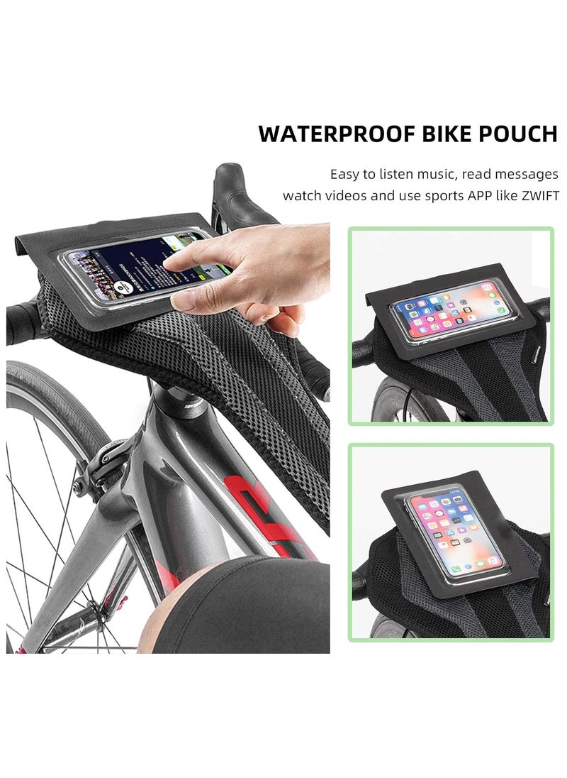 SYOSI - Bicycle Trainer Sweat Net Bike Sweat Guard with Phone Pouch Bike Sweat Catcher Net Sweat Protector for Indoor Cycling Training Compatible with iPhone 12 11 Phones Below 6.2’’ - Image 1