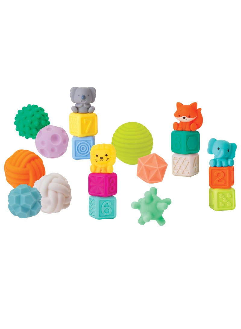 infantino مجموعة هدايا مجموعة اللعب القابلة للتكديس فائقة النعومة - كرات حسية ذات ملمس، كتل وأصدقاء حيوانات 20 قطعة - Image 1