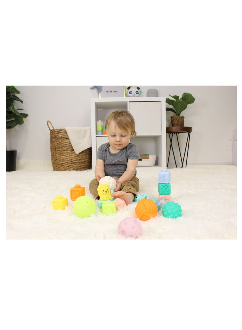 infantino مجموعة هدايا مجموعة اللعب القابلة للتكديس فائقة النعومة - كرات حسية ذات ملمس، كتل وأصدقاء حيوانات 20 قطعة - Image 4