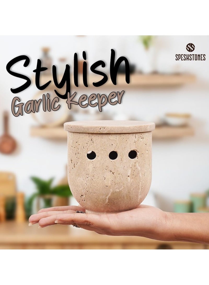 SPESHSTONES Travertine Garlic Keeper 4.5 Inch Handmade Stone Garlic Holder For Kitchen Countertop Decor, Ideal Storage Container for Fresh Garlic Cloves and Ginger Jar  - Image 2