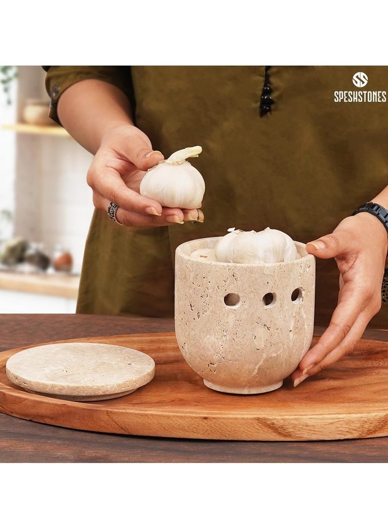 SPESHSTONES Travertine Garlic Keeper 4.5 Inch Handmade Stone Garlic Holder For Kitchen Countertop Decor, Ideal Storage Container for Fresh Garlic Cloves and Ginger Jar  - Image 4