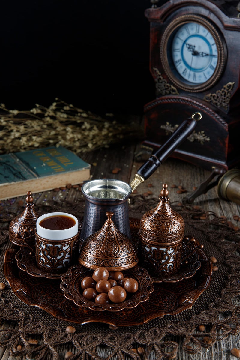 DEMMEX Turkish Greek Arabic Coffee Making and Serving Full Set with Cups Saucers Lids Sugar Bowl Tray and Copper Coffee Pot, Hand Decorated with Gold Crystals, 12 Pcs - Image 3