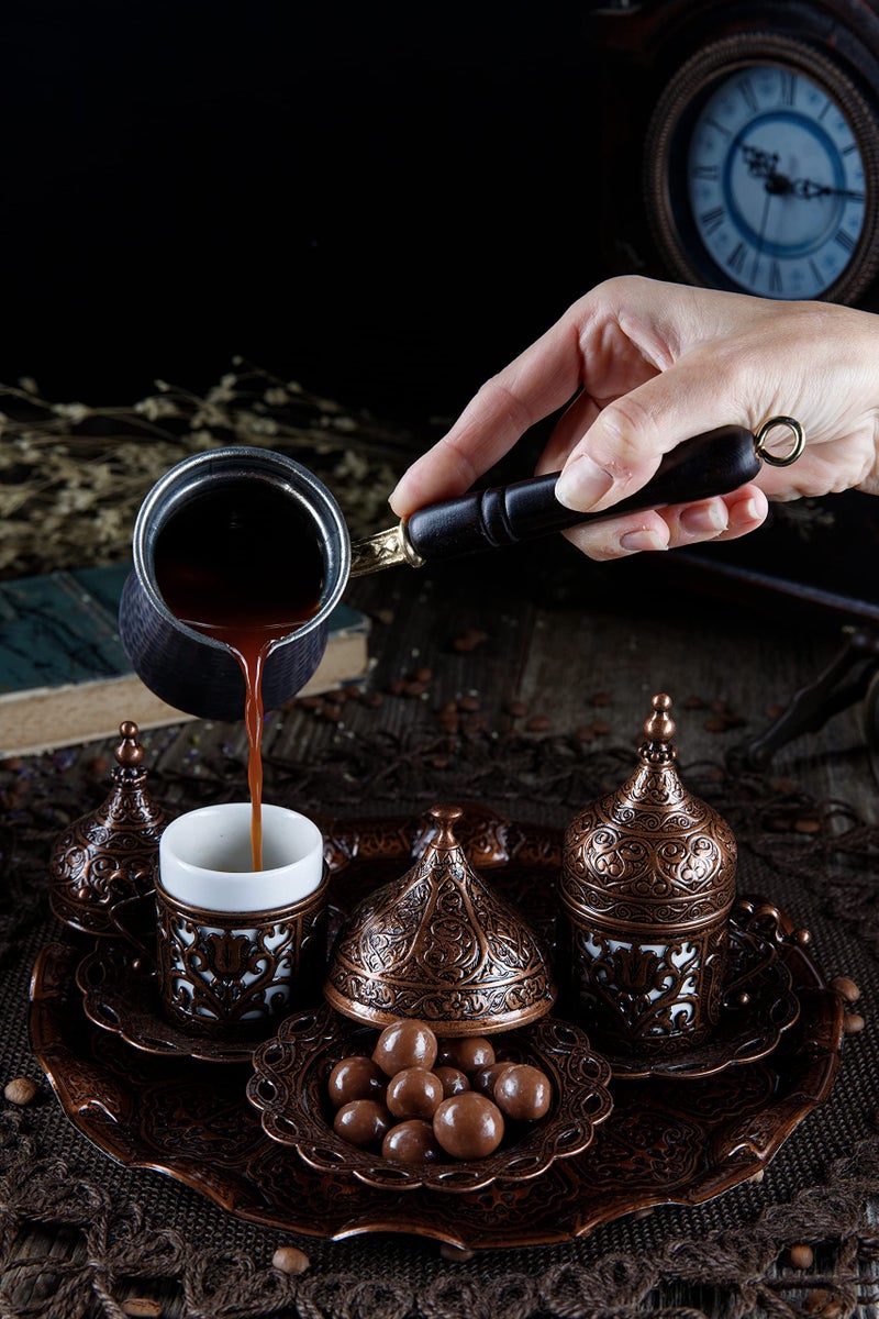 DEMMEX Turkish Greek Arabic Coffee Making and Serving Full Set with Cups Saucers Lids Sugar Bowl Tray and Copper Coffee Pot, Hand Decorated with Gold Crystals, 12 Pcs - Image 4
