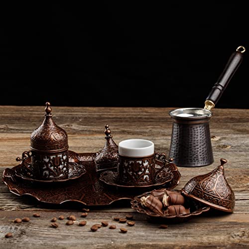 DEMMEX Turkish Greek Arabic Coffee Making and Serving Full Set with Cups Saucers Lids Sugar Bowl Tray and Copper Coffee Pot, Hand Decorated with Gold Crystals, 12 Pcs - Image 5