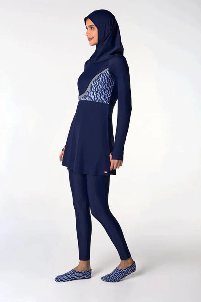 كويجا صن وير COEGA Ladies Modest Swim Suit Three Piece  Set - Navy Abstract Waves