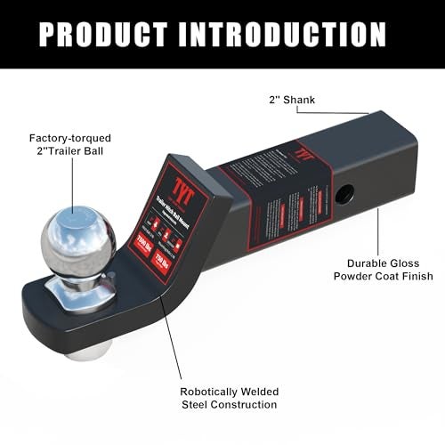 TYT Trailer Hitch Ball Mount with 2 Inch Ball & Pin, Fits 2 Inch Receiver, 7500lbs, 2 Inch Drop, Upgraded Hitch Kit Black with Anti-Rattle Pin - Image 5