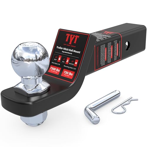 TYT Trailer Hitch Ball Mount with 2 Inch Ball & Pin, Fits 2 Inch Receiver, 7500lbs, 2 Inch Drop, Upgraded Hitch Kit Black with Anti-Rattle Pin - Image 1