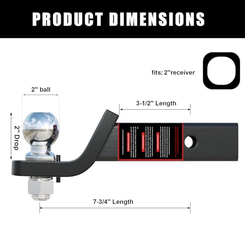 TYT Trailer Hitch Ball Mount with 2 Inch Ball & Pin, Fits 2 Inch Receiver, 7500lbs, 2 Inch Drop, Upgraded Hitch Kit Black with Anti-Rattle Pin - Image 3