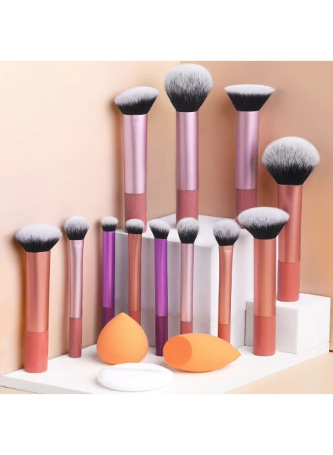 Flawless Base Makeup Brushes 12, Sponges 2 And Powder Puff Set, For Foundation, Cream, Liquid, Powder, Cosmetic Brush - Coffee Brown Quality Brushes. (Rose Gold & Pink) - Image 2