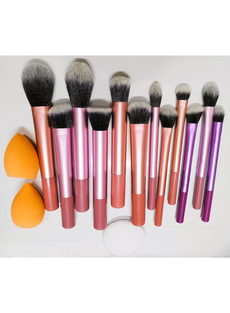 Flawless Base Makeup Brushes 12, Sponges 2 And Powder Puff Set, For Foundation, Cream, Liquid, Powder, Cosmetic Brush - Coffee Brown Quality Brushes. (Rose Gold & Pink) - Image 3