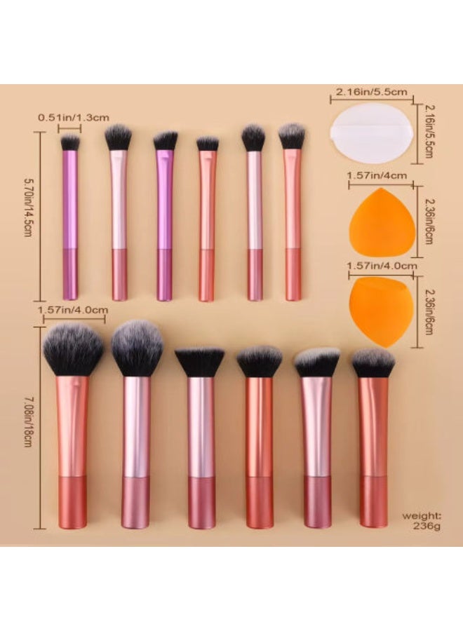 Flawless Base Makeup Brushes 12, Sponges 2 And Powder Puff Set, For Foundation, Cream, Liquid, Powder, Cosmetic Brush - Coffee Brown Quality Brushes. (Rose Gold & Pink) - Image 3