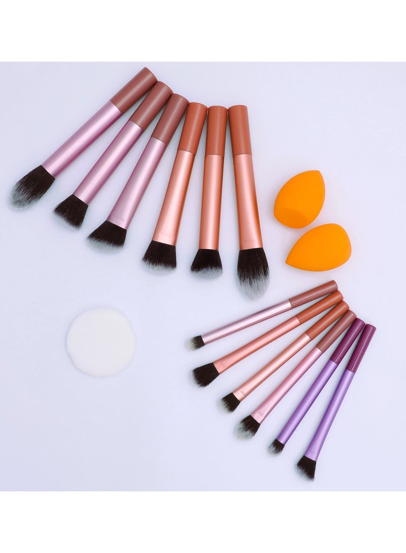 Flawless Base Makeup Brushes 12, Sponges 2 And Powder Puff Set, For Foundation, Cream, Liquid, Powder, Cosmetic Brush - Coffee Brown Quality Brushes. (Rose Gold & Pink) - Image 1