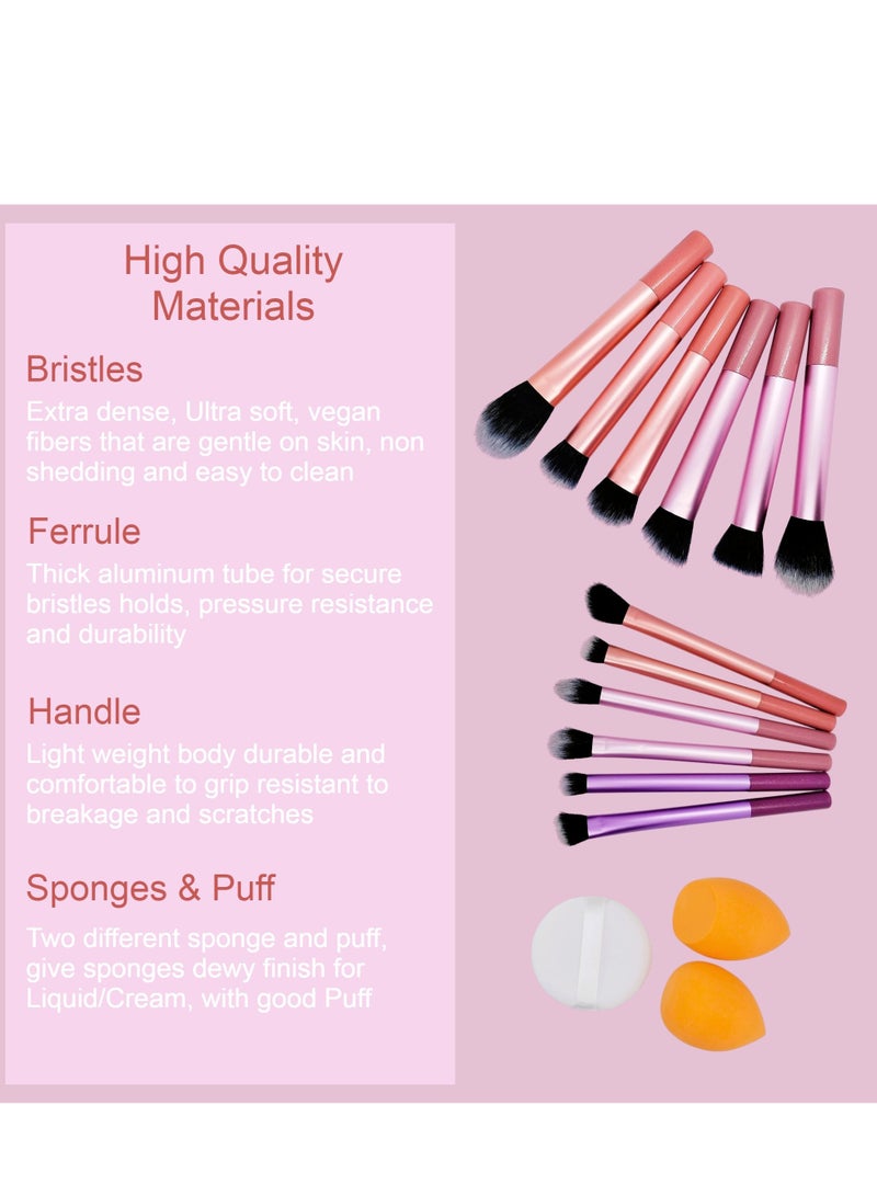 Flawless Base Makeup Brushes 12, Sponges 2 And Powder Puff Set, For Foundation, Cream, Liquid, Powder, Cosmetic Brush - Coffee Brown Quality Brushes. (Rose Gold & Pink) - Image 2