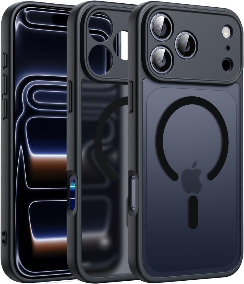 Elzzi حافظة مغناطيسية لجهاز آيفون 17 برو ماكس (متوافقة مع ماغسيف) (مع حماية عدسة الكاميرا) رقيقة شفافة غير لامعة مضادة للصدمات مع حماية ضد بصمات الأصابع، سوداء - Image 1