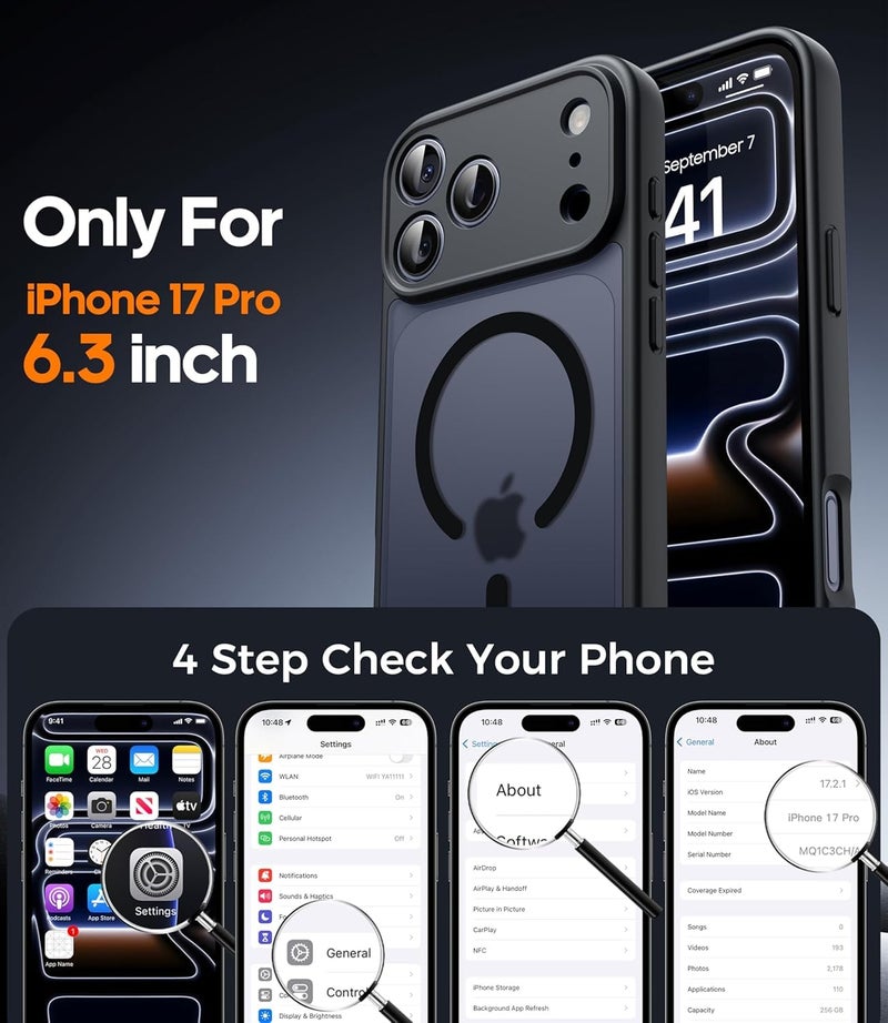 Elzzi حافظة مغناطيسية لجهاز آيفون 17 برو ماكس (متوافقة مع ماغسيف) (مع حماية عدسة الكاميرا) رقيقة شفافة غير لامعة مضادة للصدمات مع حماية ضد بصمات الأصابع، سوداء - Image 3