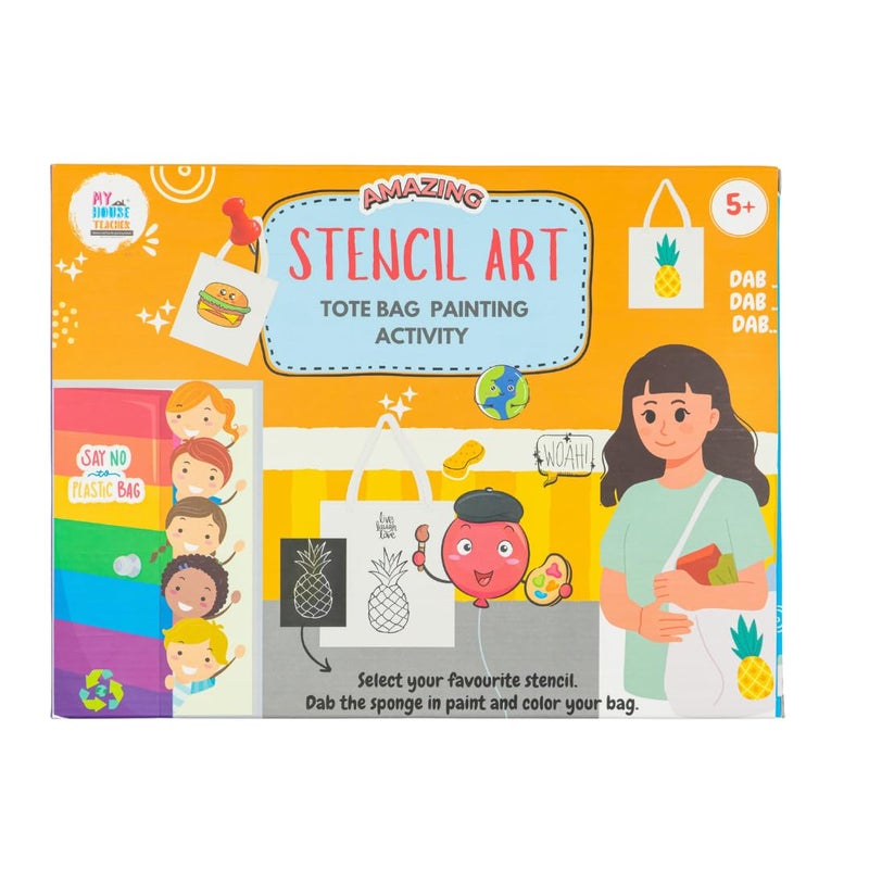 My house Teacher My House Teacher Creative Kids Stencil Art Tote Bag Painting Kit with Pineapple Burger Stencils DIY Plain Tote Bag Painting Activity Set with Fabric Paints for Clothes and Accessories