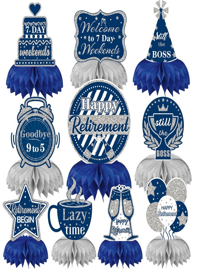 DTOFOOT 10 Pcs Retirement Party Decorations, Blue Silver Retirement Table Honeycomb Centerpieces Happy Retirement Table Topper for Men Women Happy Retirement Decorations for Party Supplies - Image 1