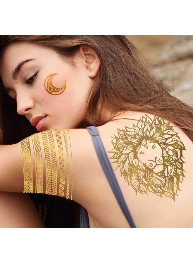 9 أوراق 110+ تصميمات وشم مؤقت ذهبي لامع للنساء والفتيات البالغات وشم لامع على شكل أسد ذهبي وشمس وقمر ونجمة وفراشة - Image 2